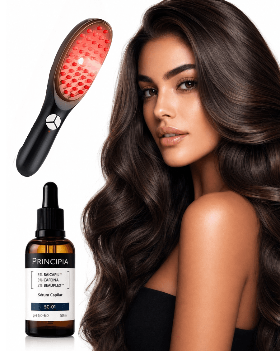 Escova Massageadora Capilar com LED 4 em 1 e Serum Principia para Estimulo de Crescimento e Fortalecimento dos Cabelos